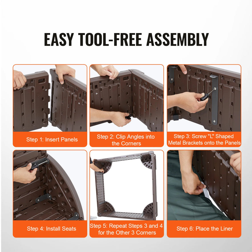 Six-step visual guide for assembling the SucceBuy Sandbox w/ Cover: insert panels, clip into corners, screw L-shaped brackets, attach seats, repeat for each corner, and place bottom liner. Hands show each step.