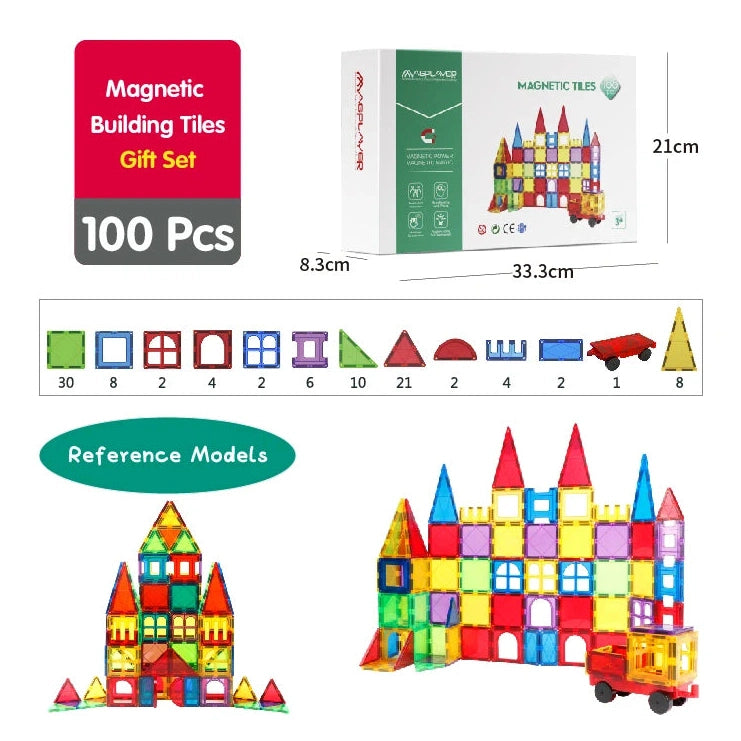 Image of a 100-piece Magnetic Building Blocks set for ages 3-8, featuring colorful shapes like squares, triangles, and arches. Includes models of a castle and a toy car to enhance motor skills. Box dimensions: 33.3 x 8.3 x 21 cm.