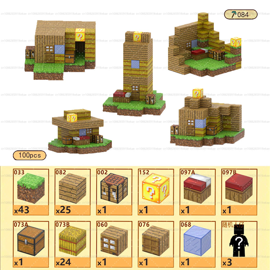 Build five Minecraft-style wooden houses on grassy bases, each with a yellow question block, using the Magnetic Building Blocks Mine World Magnet Cube Set T084-100PCS—ideal Montessori STEM sensory toy for kids ages 3 and up.
