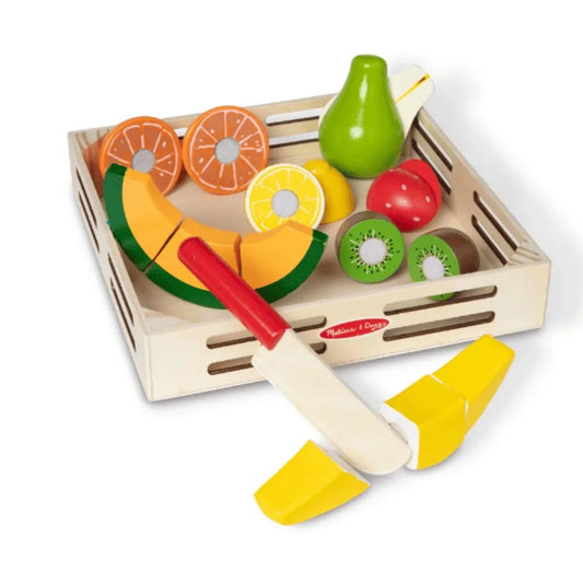The Melissa Doug Cutting Fruit Set Wooden Play Food includes a toy knife, tray, and cut-apart fruits like orange, lemon, kiwi, pear, banana, and apple—ideal for any childrens play kitchen.