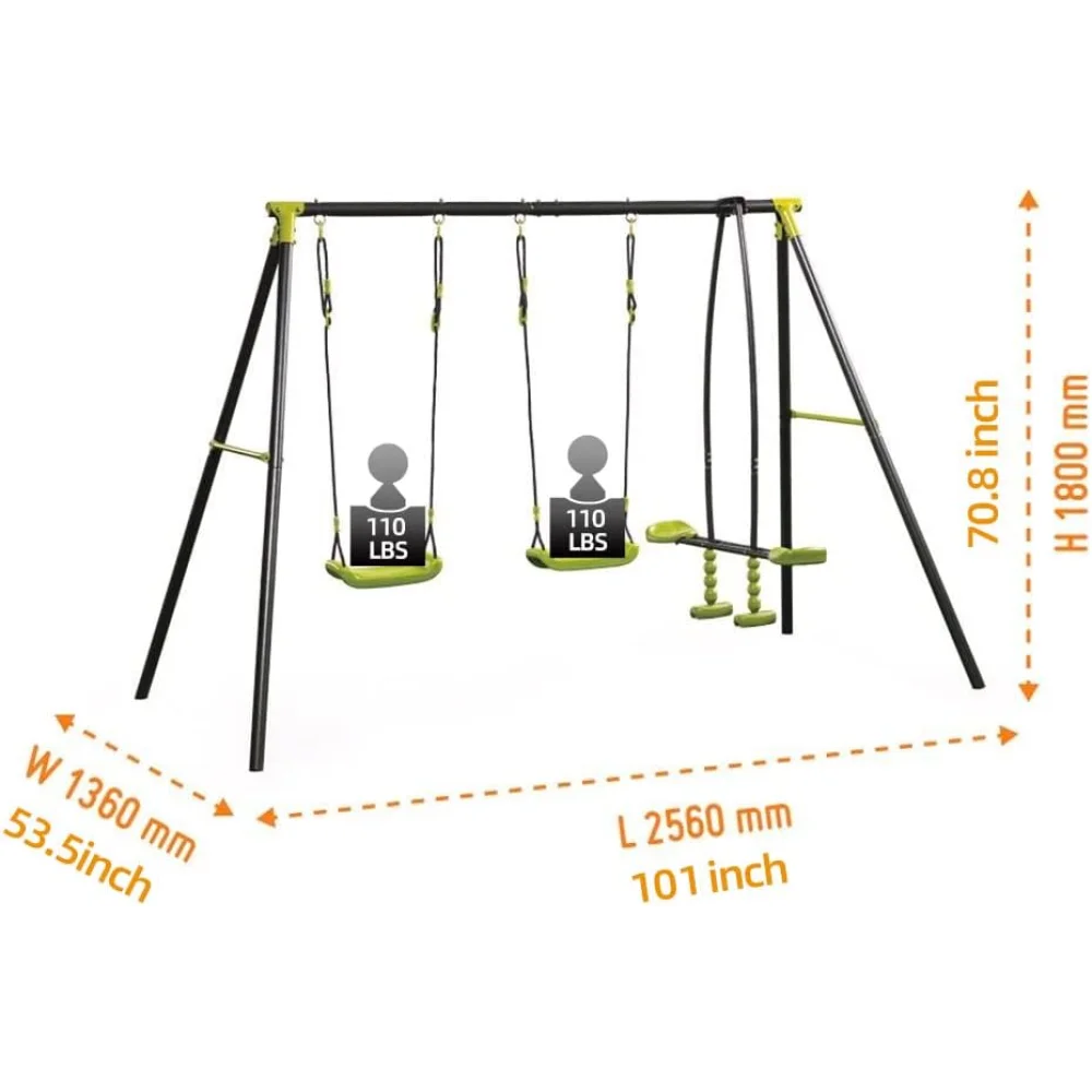 The interesting triple children metal safe swing set from Mainland China seats three, holds up to 440 lbs, and is sized 1360mm W x 2560mm L x 1800mm H. Black and green, for ages 3+, its easy to assemble for any outdoor playground.