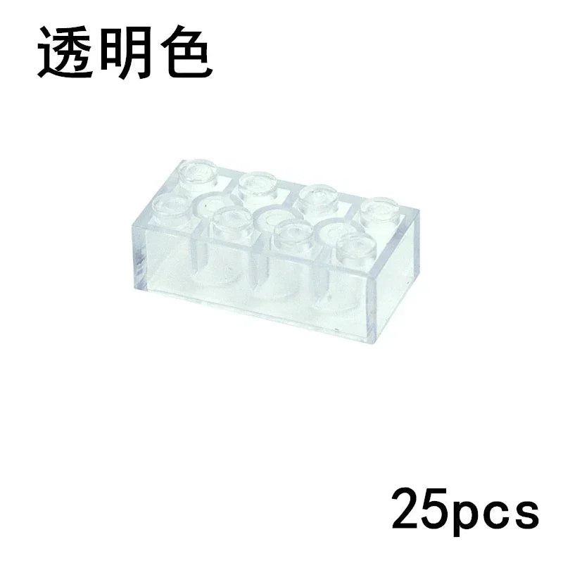 A transparent 2x4 building block from the MOC Transparent Bulk Brick Set, compatible with Lego, is shown. The color is 2x4-Transparent, with Chinese text in the top left and 25pcs in black at the bottom right.