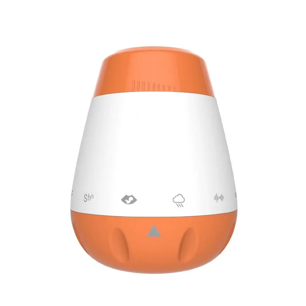 The Smart Baby Sleep Helper is an orange egg-shaped device featuring side icons, functioning as a white noise machine with relaxing sound therapy and a smart music voice sensor for infants.