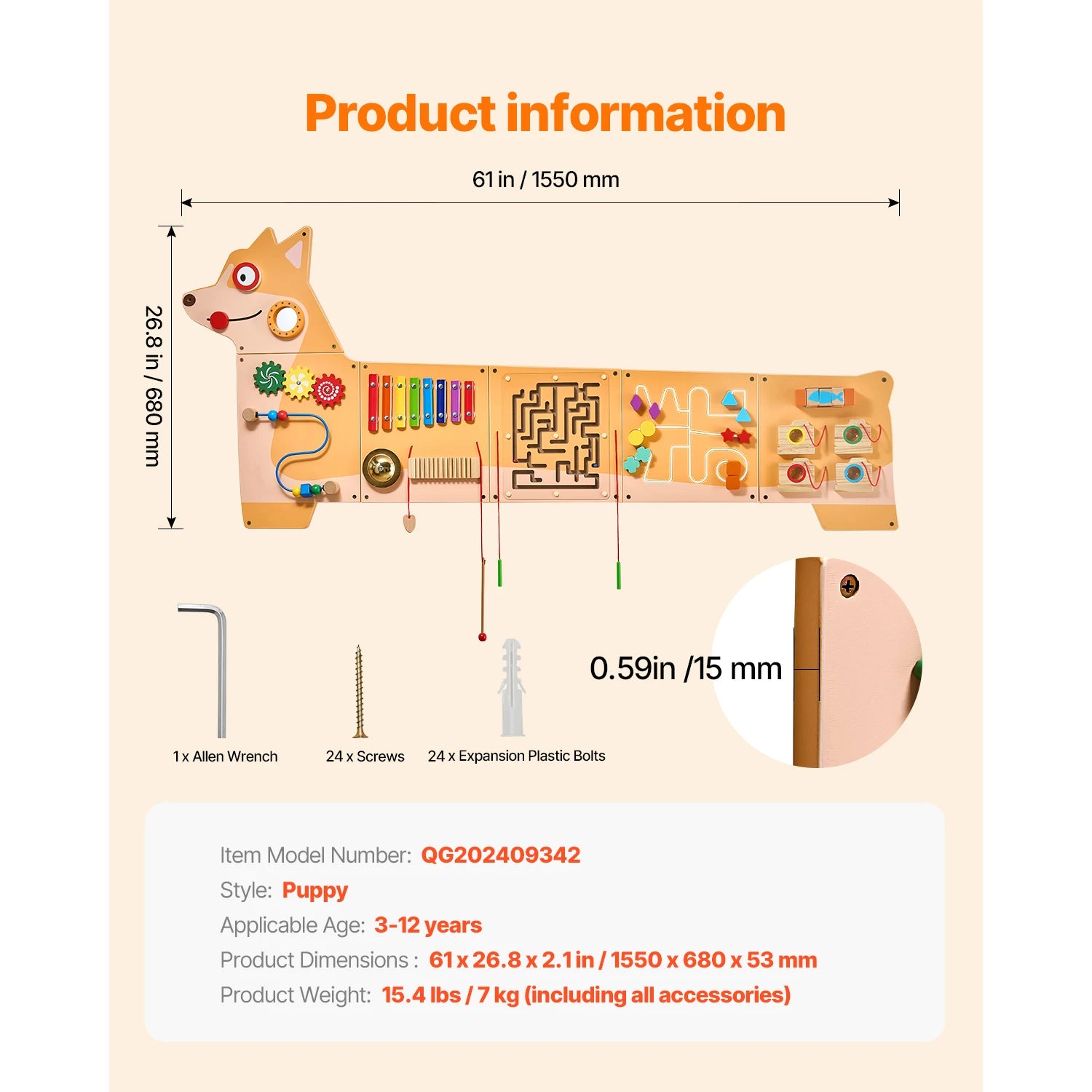 The Vevor Puppy Kids Wall Busy Panel in Puppy color is a wall-mounted Montessori sensory activity center for ages 3–12, featuring 12 activities. Size: 61 x 26.8 in; weight: 15.4 lbs. Includes screws and Allen wrench for installation.