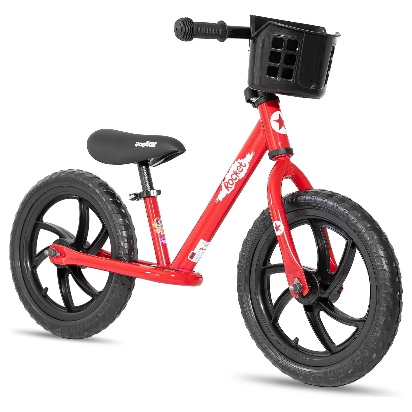 The Rocket balance bike has a lightweight steel frame, red body, black wheels and grips, a black handlebar basket, white star decals, and no pedals. Ideal for kids 18 months to 6 years, it offers free US shipping.