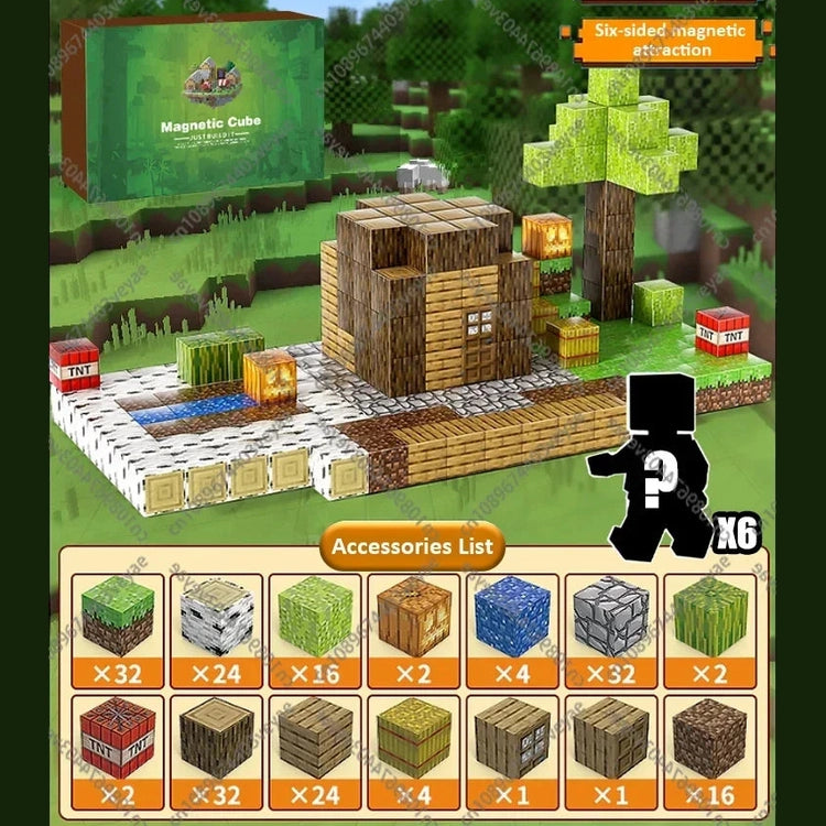The Magnetic Building Blocks Mine World Magnet Cube Set (T036-192PCS) for kids ages 3+, is a Montessori STEM sensory toy featuring 192 blocks, an accessories list, six figures, and designs inspired by wooden houses, trees, and TNT.