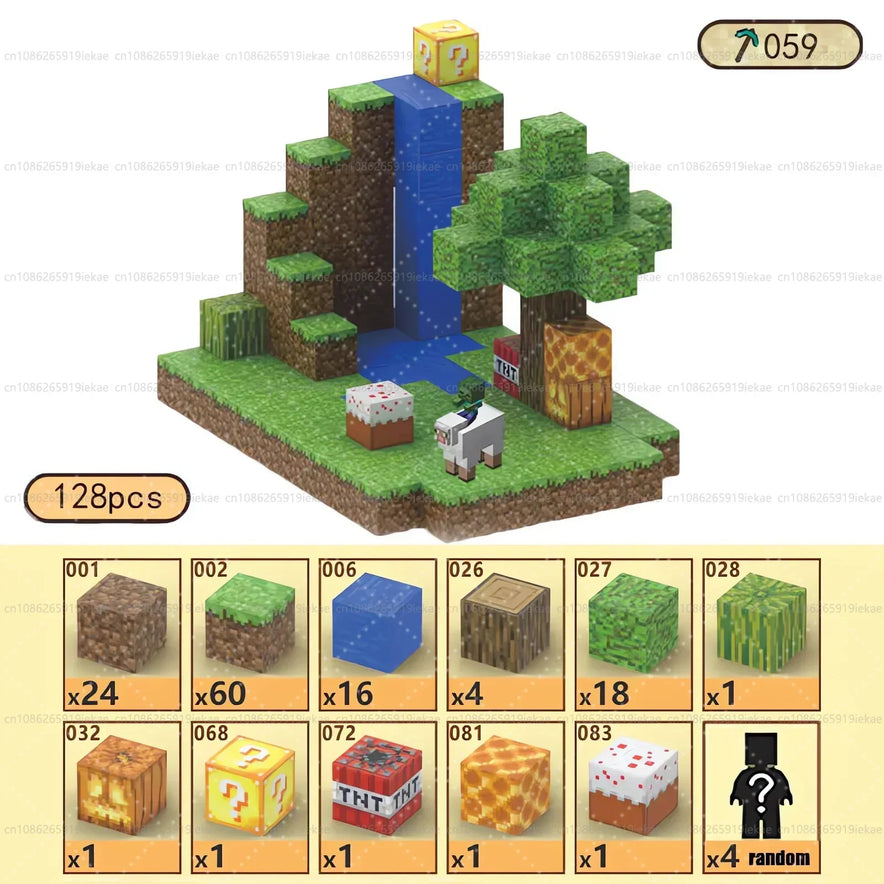 The Magnetic Building Blocks Mine World Magnet Cube Set (T059-128PCS) for ages 3+ includes 128 pieces: grass, sand, water, and wood blocks plus waterfall, tree, cake, bee, and figures. Icons below show piece types and quantities.