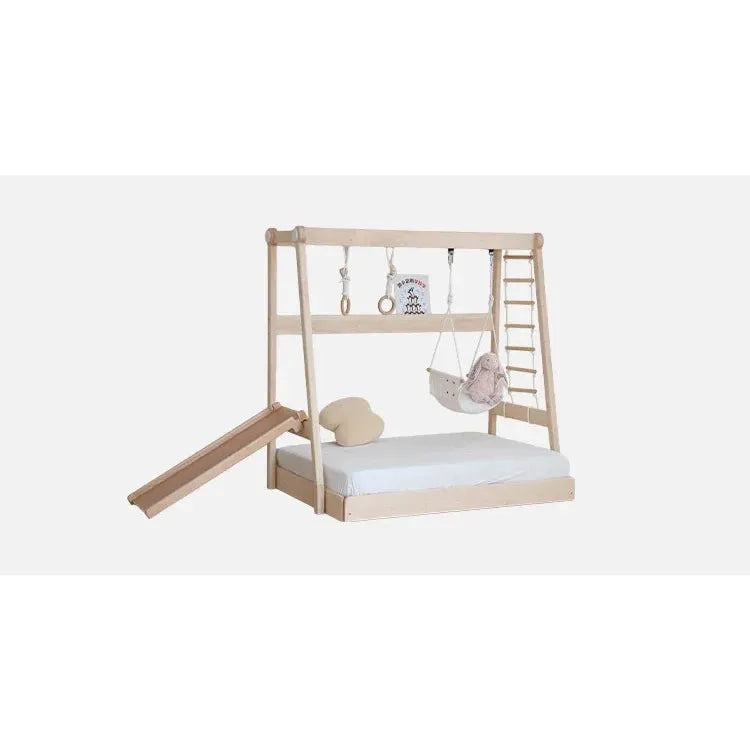 The Versatile Solid Wood Childrens Bed includes a slide, rope ladder, climbing rings, swing features, and a hanging basket. Its light natural finish enhances its playful design, making it a perfect fit for any kids room.