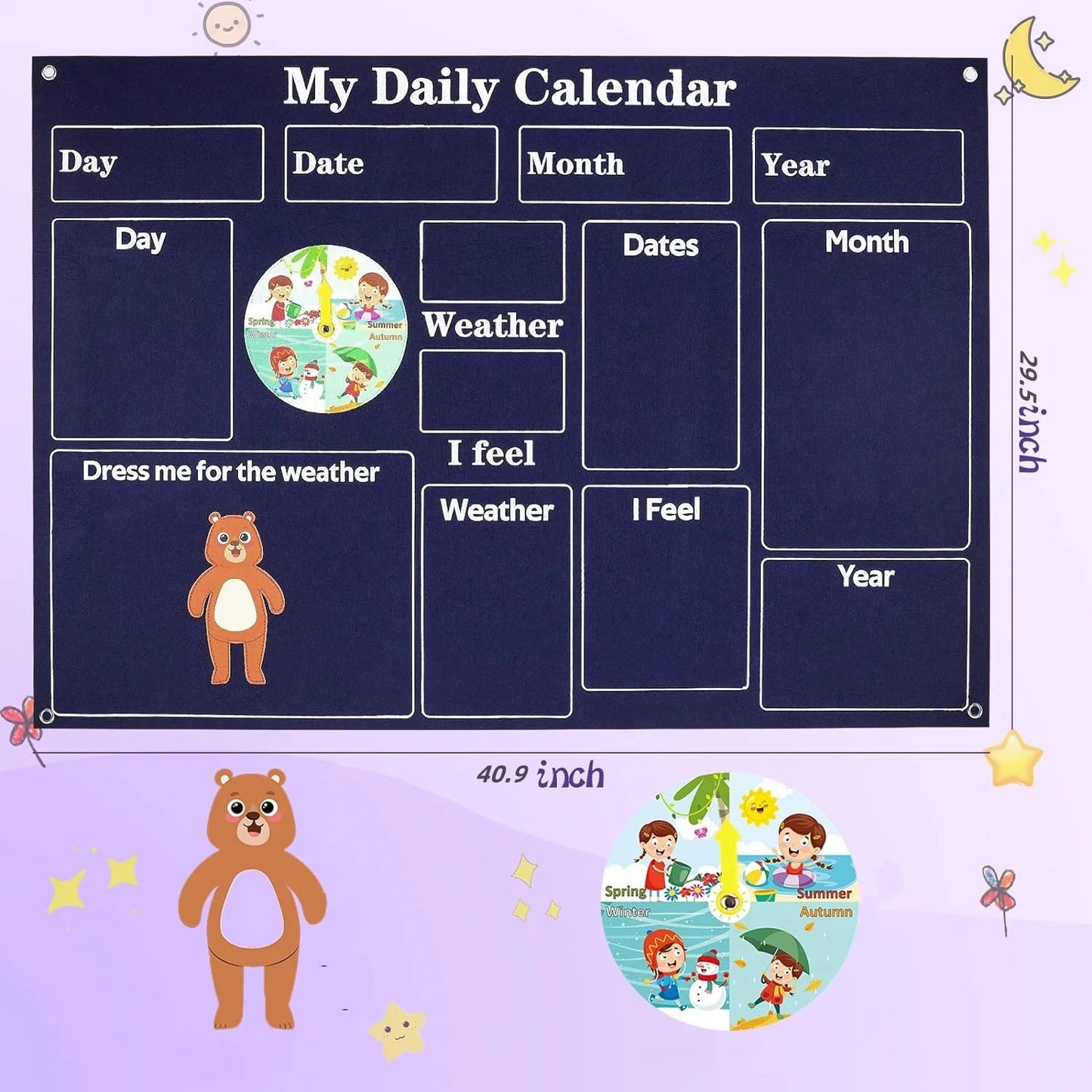 The My Daily Calendar Farm Transportation Felt Story Board is a Montessori-inspired chart for toddlers, labeled with day, date, month, year, weather, and feelings. Includes interactive pieces. Size: 29.5 x 40.9 inches.