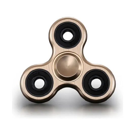 The Premium Metal Fidget Spinner is a stress-relieving hand toy with a smooth, gold-colored finish. Featuring three rounded edges and black bearings, it stands upright against a white background. Perfect for all ages and ideal as a gift for any occasion.