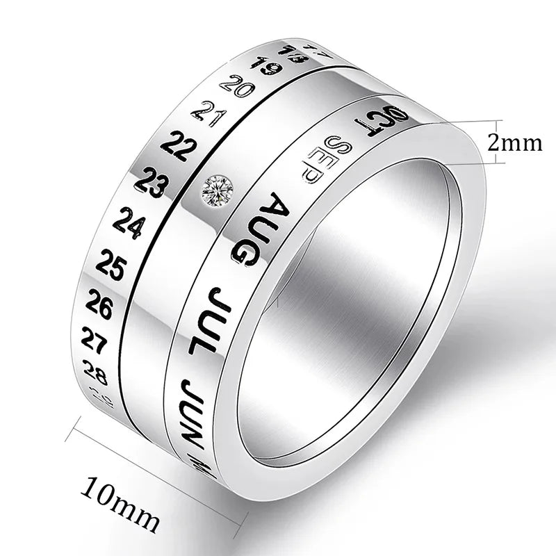 The Stainless Steel Anxiety Ring is a unisex rotating calendar date fidget spinner ring featuring engraved numbers and months, a sleek 10mm width and 2mm thickness—an anti-stress, punk-style jewelry piece for men and women.