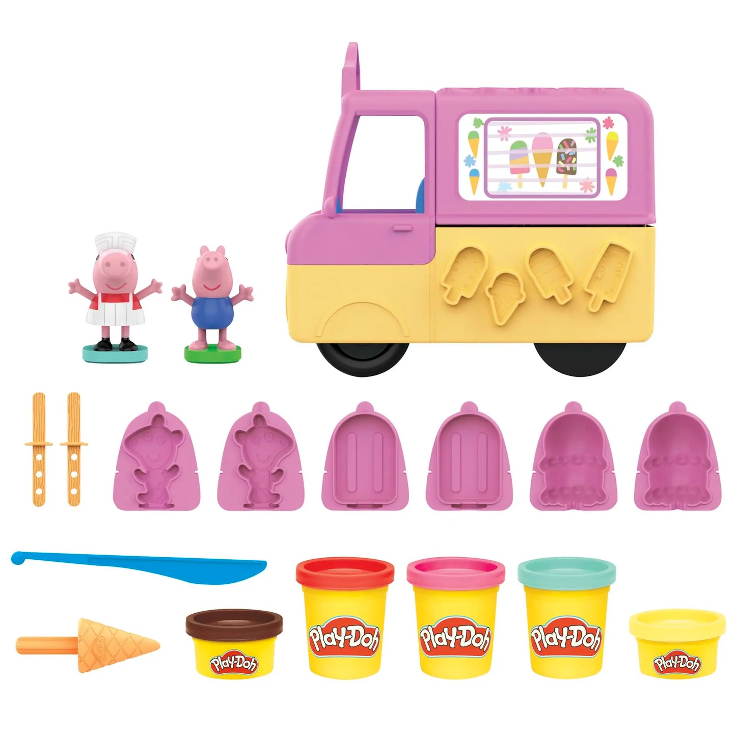 The Play-Doh Peppas Ice Cream Playset is perfect for Peppa Pig fans, featuring a pink and yellow truck, two figures, four molds, two sticks, a blue scoop, a cone roller, and four vibrant Play-Doh cans.