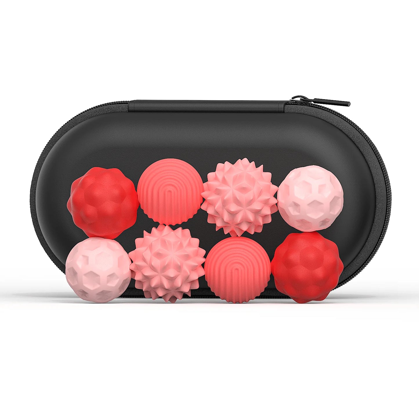 The 4Pcs 8PCS Silicone Magnetic Balls Set in Red-8pcs includes a black zippered oval case with eight textured red silicone magnetic balls on the front, offering a unique fidget toy to calm restless hands and an anxious mind.