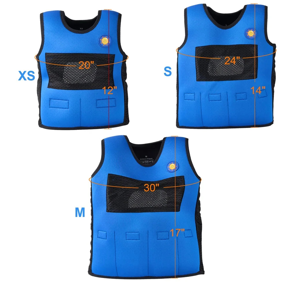 Three blue Breathable Adjustable Weight Vests for Kids, labeled XS (20x12), S (24x14), and M (30x17), feature black mesh and pockets for emotional comfort while offering an adjustable fit.