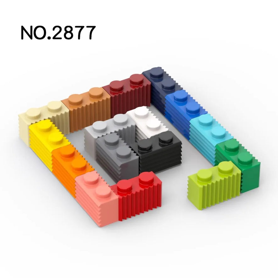 Fifty colorful MOC Parts 2877 Brick Modified 1x2 with Grille, compatible with Lego, are arranged in a square pattern with two central stacks on a white background. Ideal for developing fine motor skills.