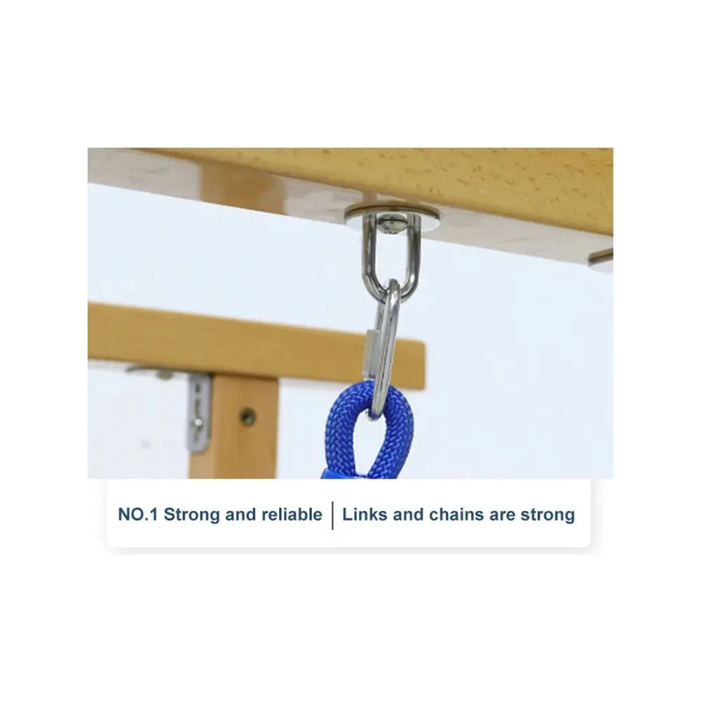 A metal hook on a wooden surface supports a linked metal chain and blue rope, reading NO.1 Strong and reliable and Links and chains are strong, making it ideal for sensory training with the Indoor Wooden Balance Beam Sensory Training Toy for Children 3-12 Years.
