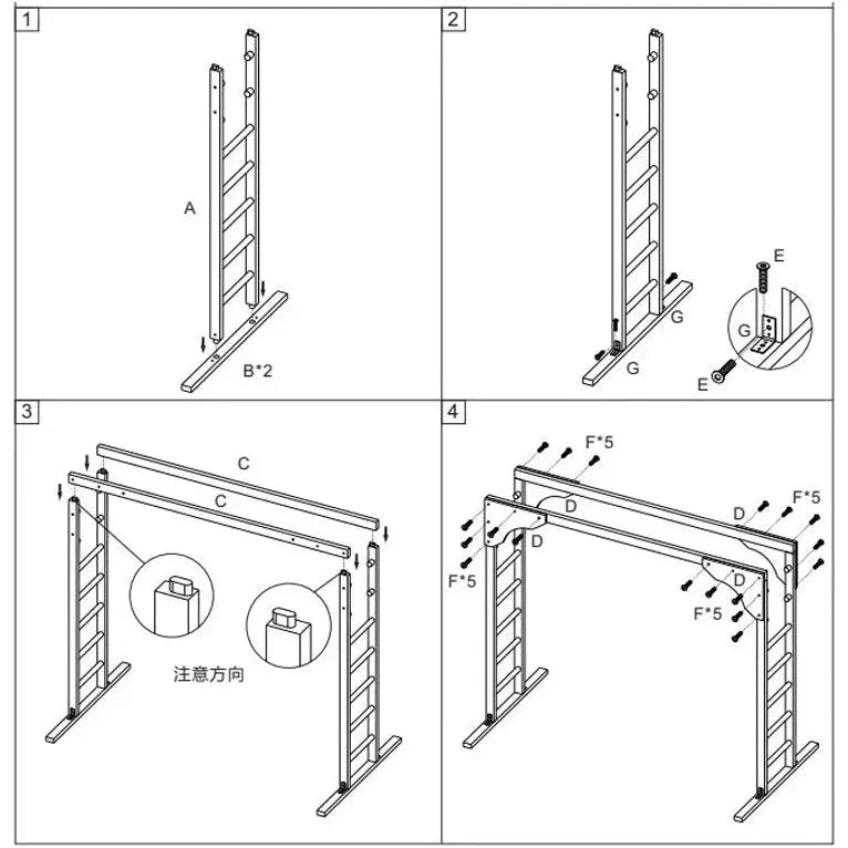 The illustration details assembly steps for the Indoor Sensory Fitness Ladder for Kids, showing attachment of vertical beams, securing crossbeams, and using screws labeled A-G. All components are diagrammed and labeled for sensory training purposes.