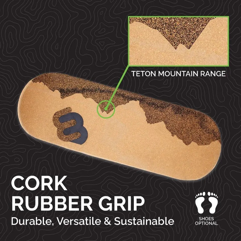The Wide Standing Desk Balance Board for Anti Fatigue Comfort features a cork rubber grip with a dark brown Teton-inspired pattern. Text: Cork Rubber Grip—Durable, Versatile & Sustainable. Shoes Optional.
