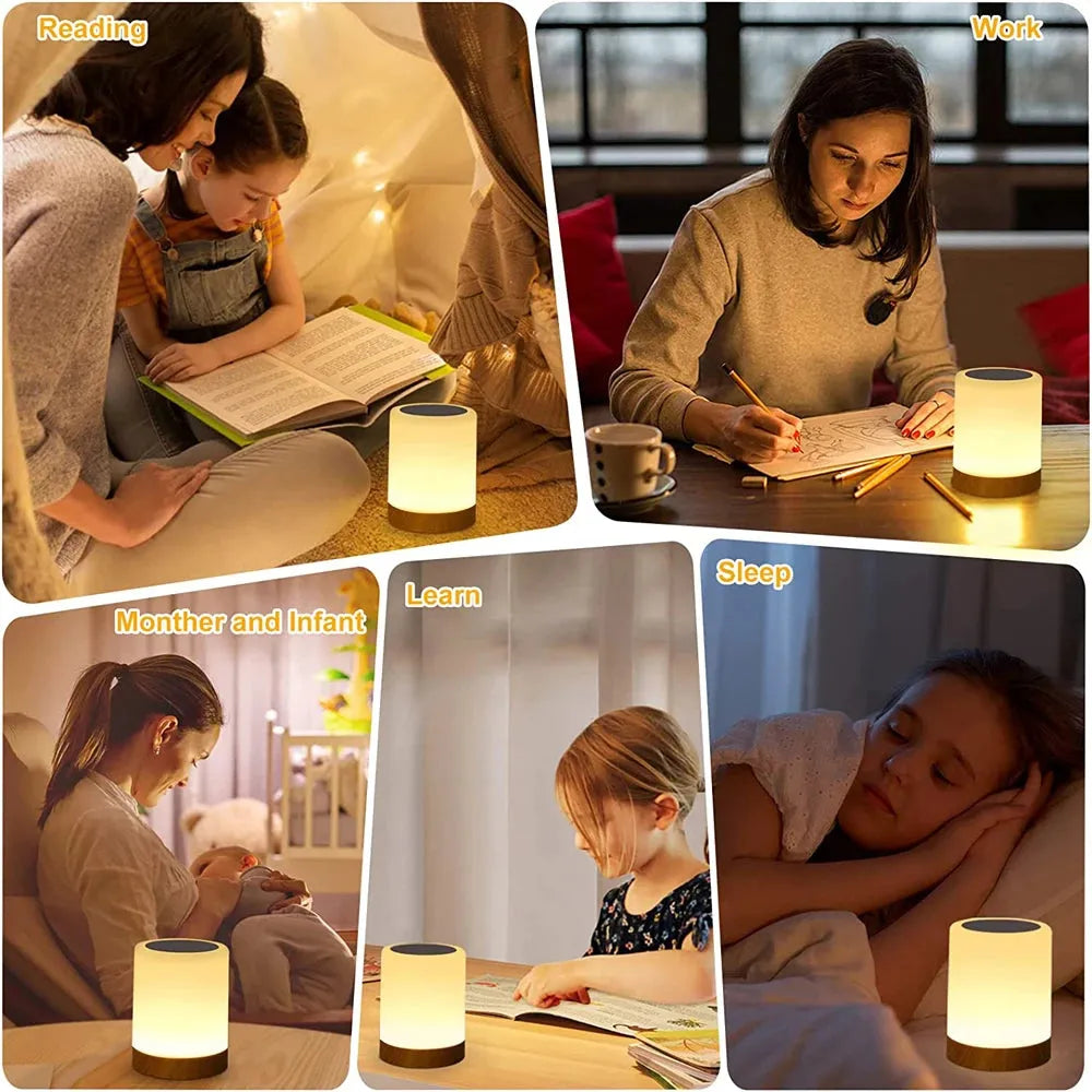 A collage of five images shows the Portable Touch-Sensitive LED Night Light with RGB and Warm White options enhancing activities like reading, working, sleeping, learning, and nurturing an infant. Each scene features a warm glow illuminating faces while lamp positions slightly vary.