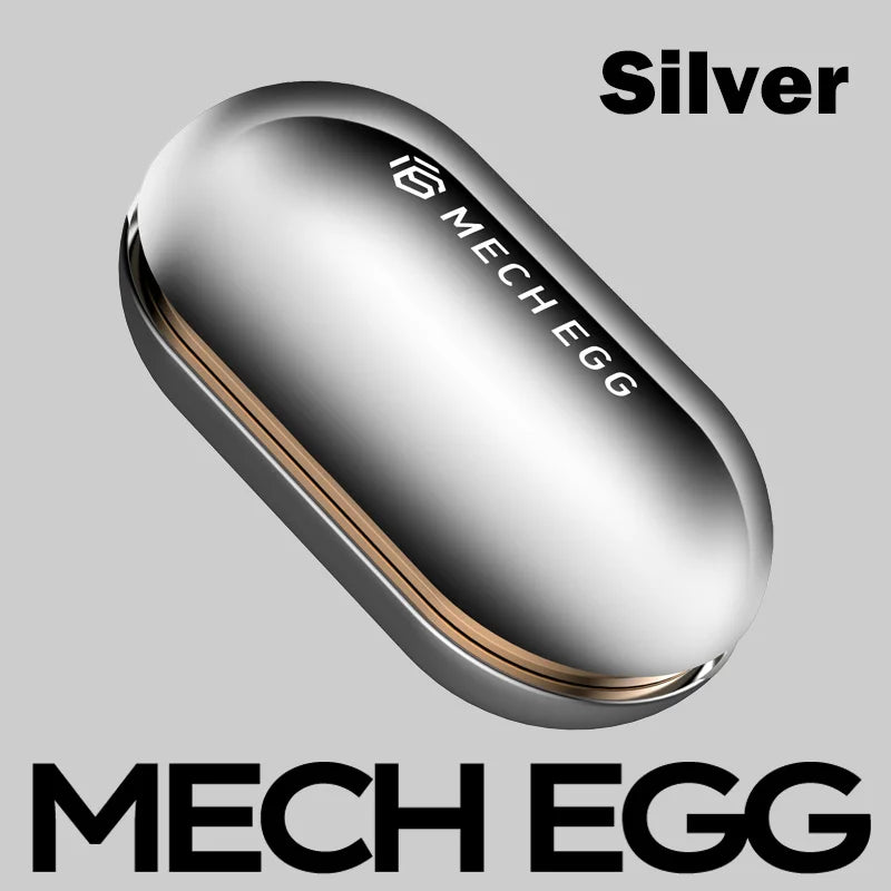 The Mech Egg EDC Fidget Slider in Silver S, shown on a gray background with bold black Silver and MECH EGG text, is a stylish oval-shaped metal fidget toy for adult stress relief, ADHD, and office desk use.