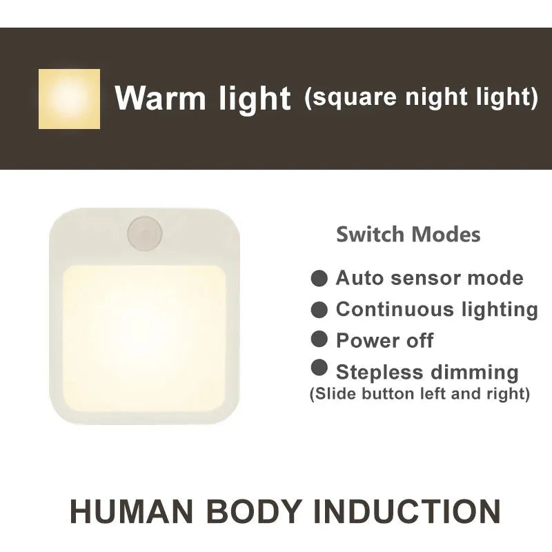 The Dimmable Motion Sensor LED Night Light with EU Plug offers modes including Auto sensor, Continuous lighting, Power off, and Stepless dimming. Featuring Human Body Induction, its an energy-efficient choice suitable for babys room, bedrooms, and corridors.