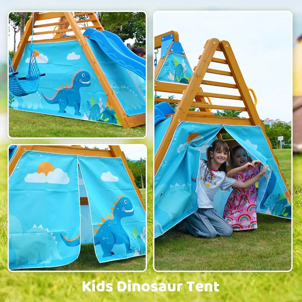 Two kids smile and peek from the blue tent of a wooden Playground Swing Set, featuring 2 swings, a big wave slide, and climbing wall. Perfect for backyard fun among your outdoor furniture. Kids Dinosaur Tent design shown.