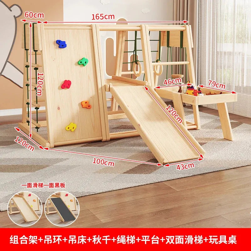 The Indoor Wooden Climbing Frame for Kids includes a vibrant climbing frame with colorful holds, a slide, and a mini desk with seating. Dimensions highlight its various heights and lengths. The sensory play set sits on wooden flooring in a room designed for childrens development and fun.