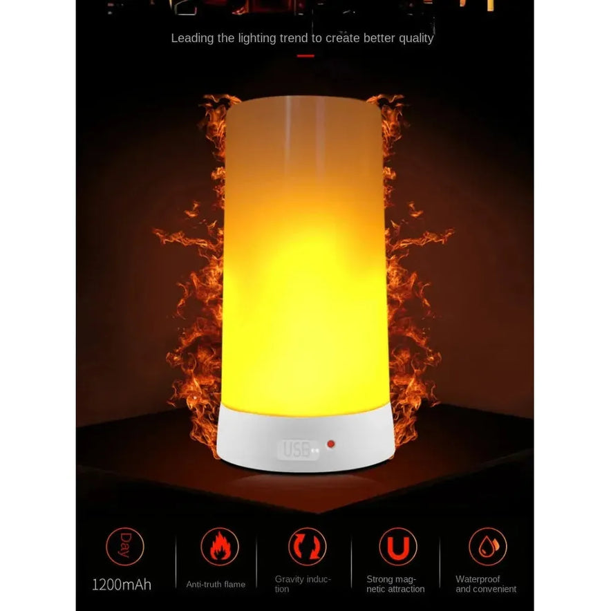 The Simulated Flame LED Night Light emits a bright yellow-orange glow resembling a real flame, sitting on a white base. The background features fiery patterns with text highlighting anti-rush flame features, gravity induction, and its waterproof design for versatile usage.