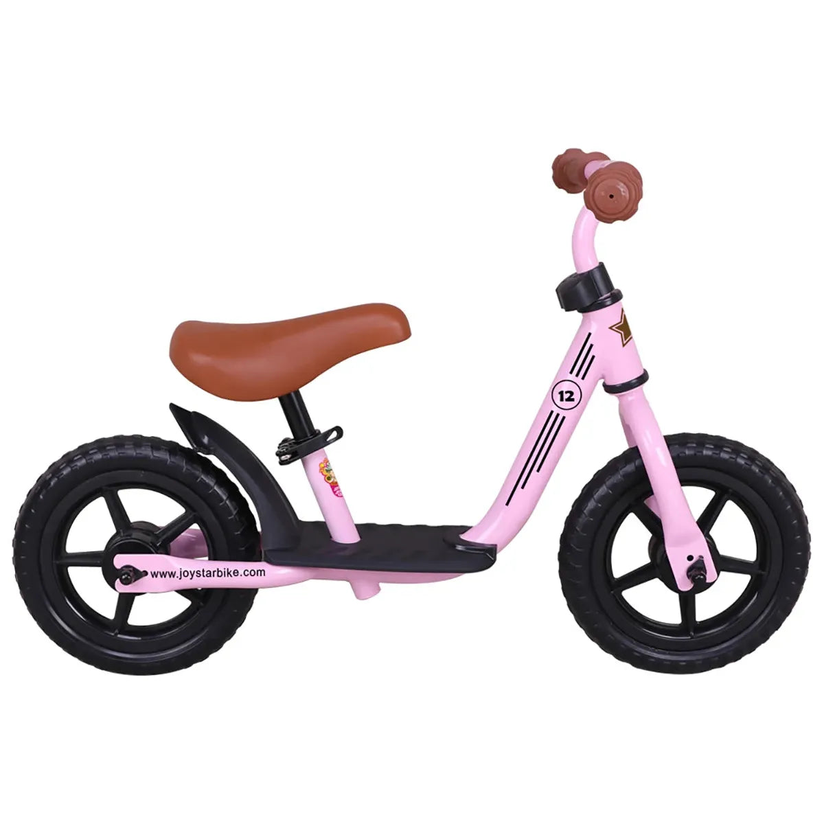 The JOYSTAR Kids Balance Bike for Toddlers is a pink push bike with black wheels and a brown seat featuring handlebars with brown grips. It sports a small star and number 12 on its frame, ideal for young adventurers aged 18 months to 5 years, offering an adjustable seat and footrest.