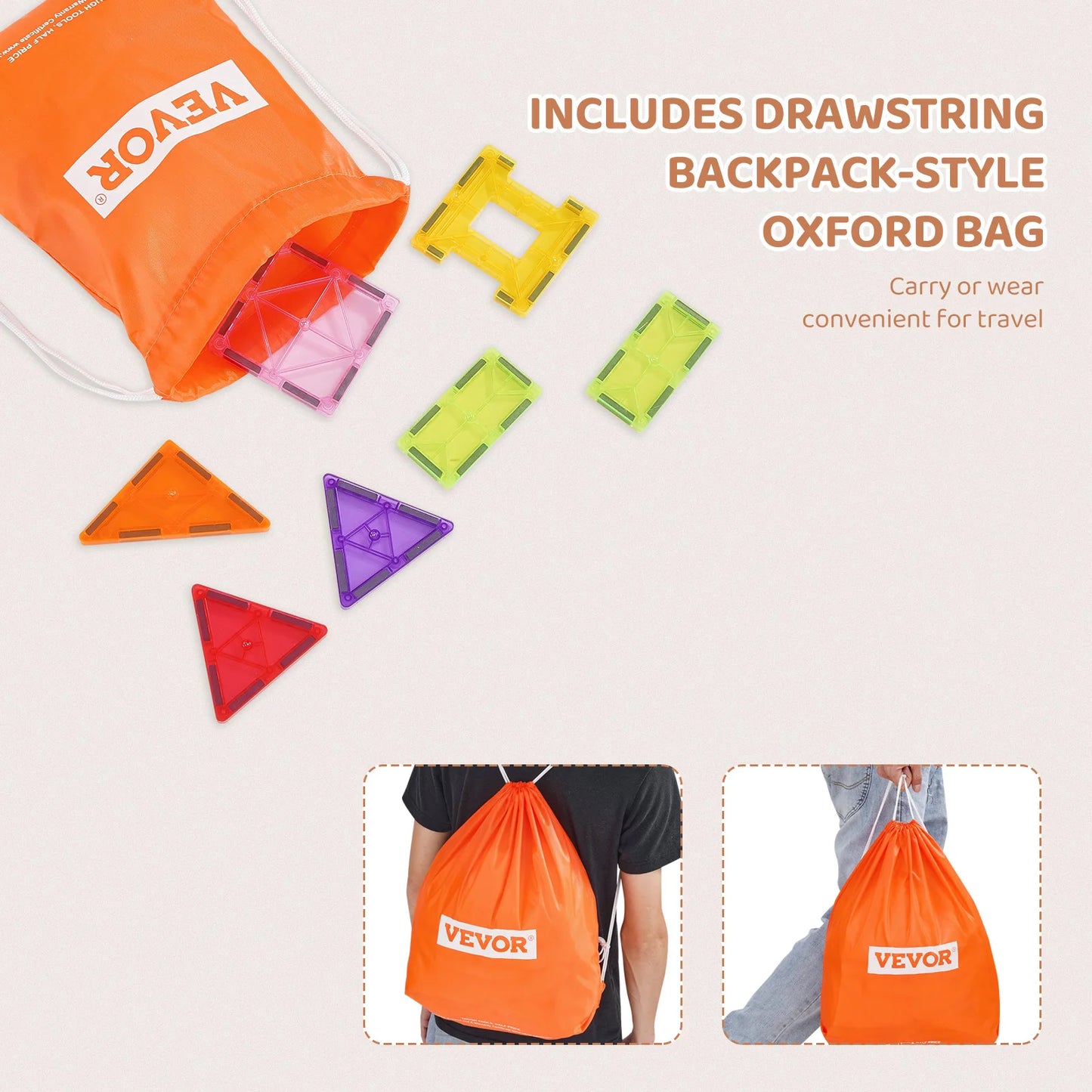 A VEVOR drawstring bag spills durable magnetic building tiles in vibrant red, purple, yellow, and green shapes. Inset images show the versatile bag worn like a backpack, perfect for on-the-go STEM educational fun with the 32PCS colorful magnetic tiles set.