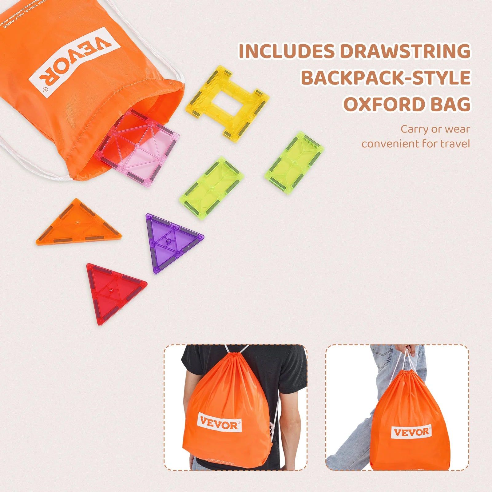 A VEVOR drawstring bag spills durable magnetic building tiles in vibrant red, purple, yellow, and green shapes. Inset images show the versatile bag worn like a backpack, perfect for on-the-go STEM educational fun with the 32PCS colorful magnetic tiles set.