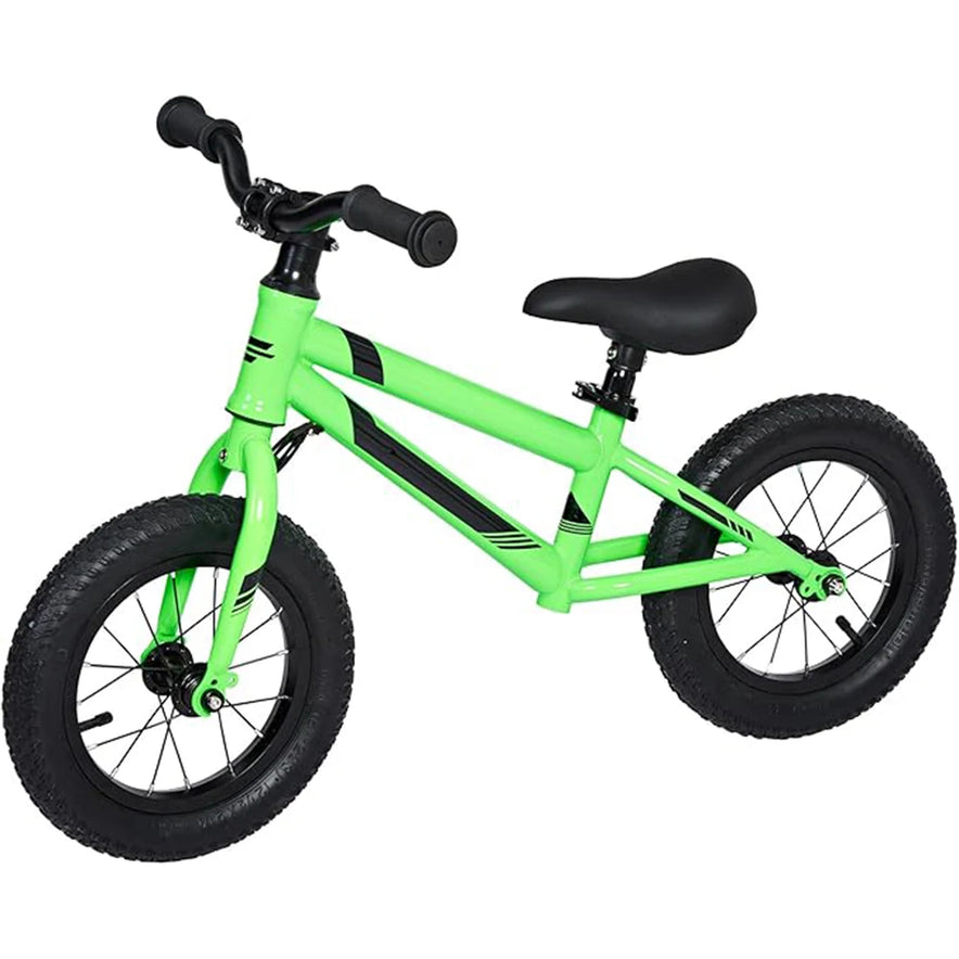 The 12 Inch Balance Bike for Kids features a bright GREEN frame, black handlebars and seat, adjustable seat and handlebar, lightweight aluminum frame, and padded seat—perfect for developing toddler gross motor skills.