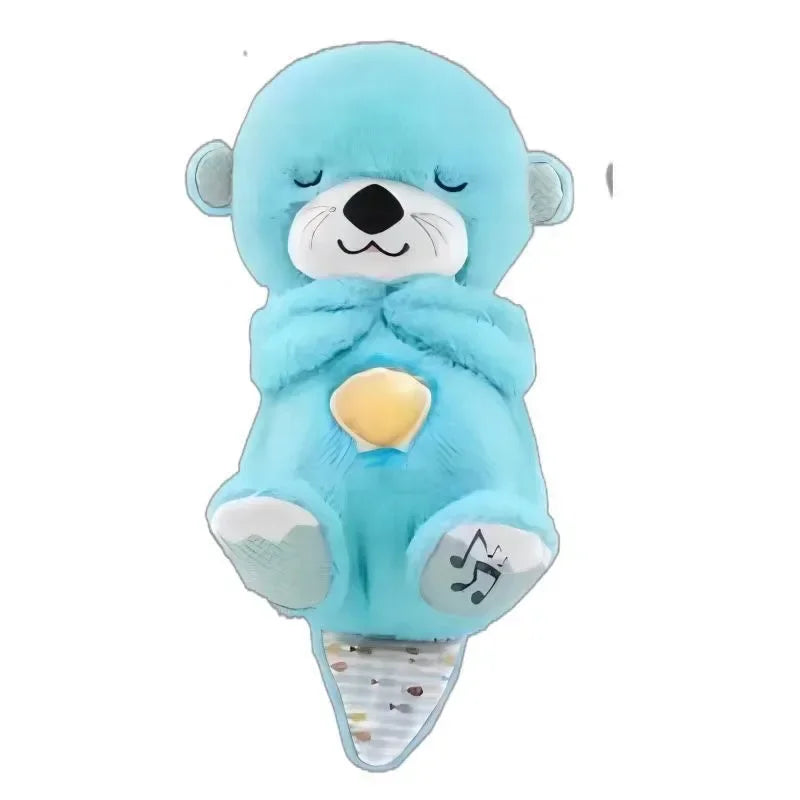 A gray otter plushie with closed eyes and a smile, perfect for newborn comfort. It holds a yellow heart on its chest, with feet featuring colorful patterns, capturing the charm of a musical toy against a plain white background.