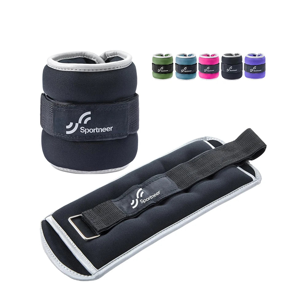 The image shows a close-up of Sportneer Adjustable Ankle and Wrist Weights with a Velcro strap. Various colors like blue, green, pink, and black appear above. Ideal for strength training, the main weight is black with gray trim.