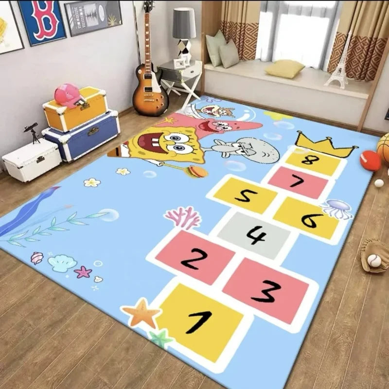 A MINISO Cartoon Hopscotch Carpet (Color: 3), a non-slip childrens play mat, is laid on a wooden floor in a cozy room with a guitar, yellow-and-white suitcase, and cushioned window seat. Ideal for study areas and home decoration.