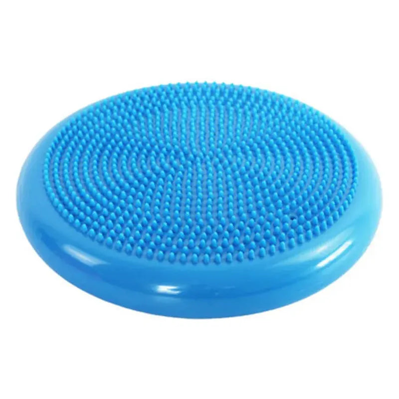 The Montessori Sensory Integration Training Balance Stones are blue, inflatable, and feature a bumpy surface. Made of rubber-like material, this circular tool is ideal for sensory integration and enhancing balance in educational settings.