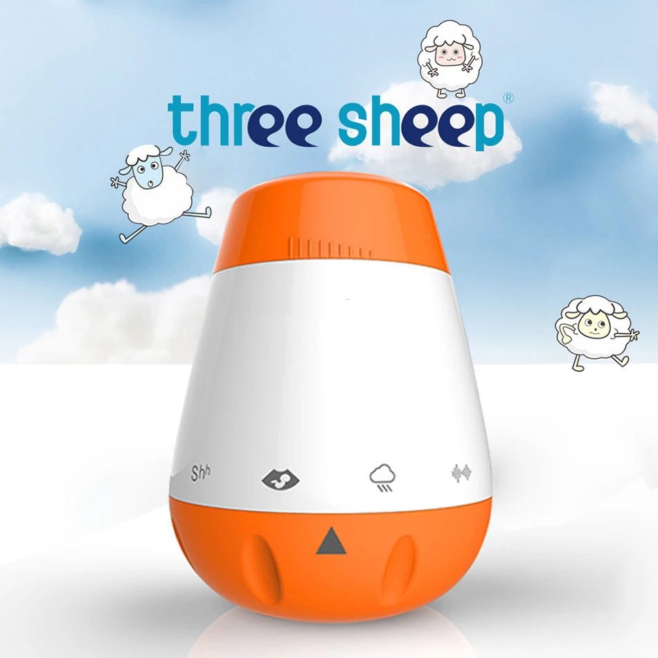 An orange and white Smart Baby Sleep Helper is adorned with sheep illustrations on a blue sky background, with three sheep above. It includes icons of a shushing face, musical notes, a cloud, and a wave for Relaxing Sound Therapy.