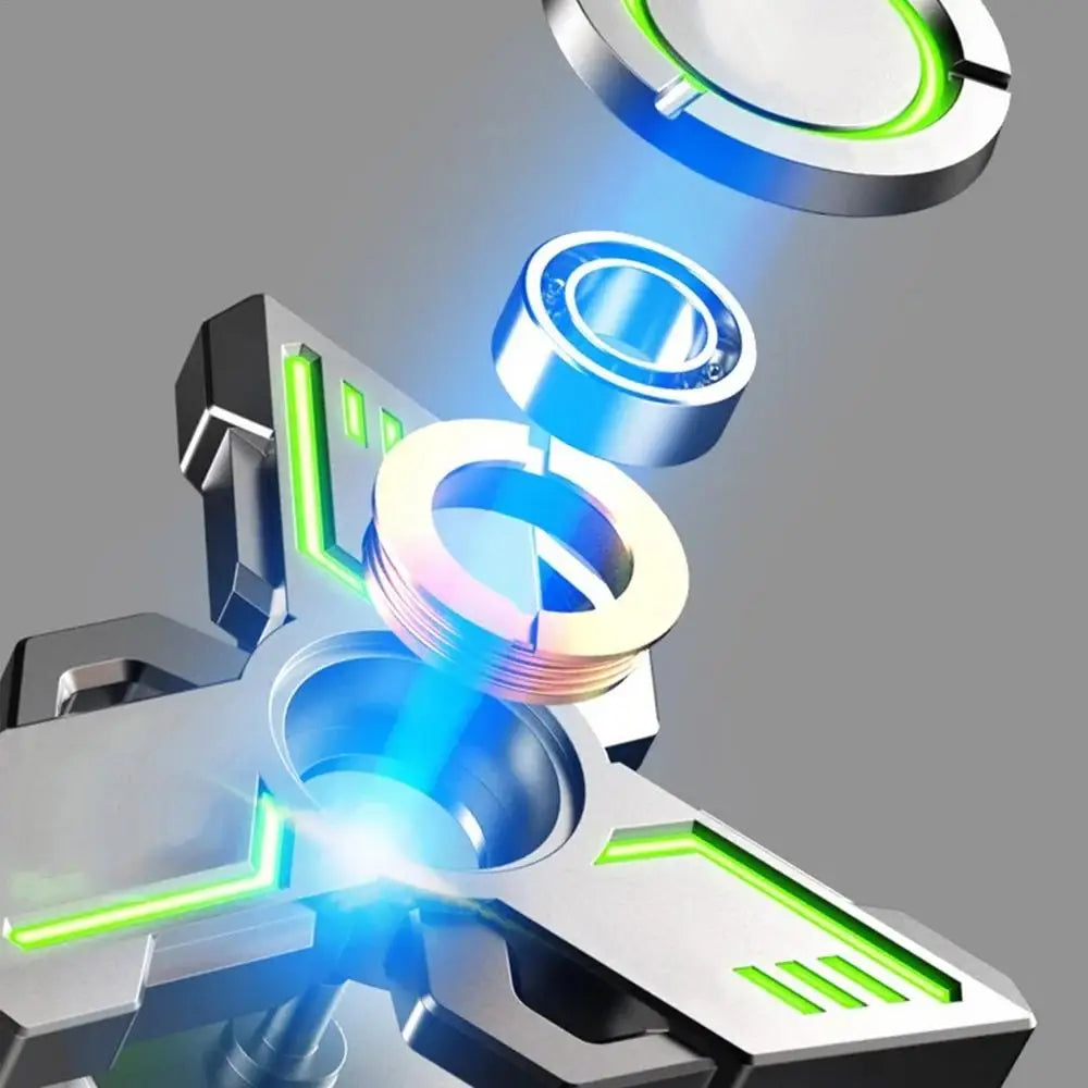 A futuristic Spinner Gyroscope Toy showcases disassembled parts floating, with metallic rings, glowing green sections, and a blue laser-like beam connecting them against a gray backdrop, enhancing its mesmerizing design. Perfect for focus and fun as a portable collectible fingertip travel toy.