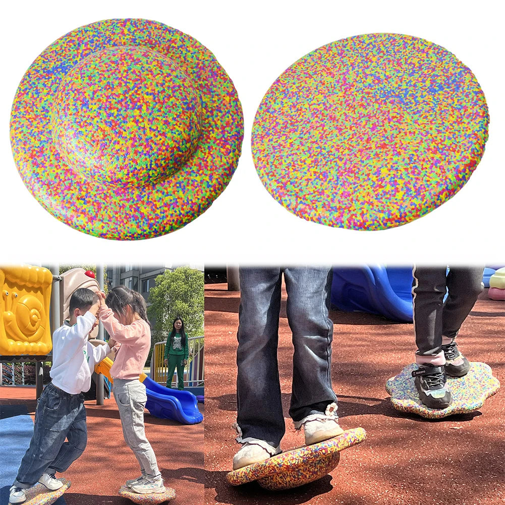 Children play outdoors, balancing and standing on colorful Stability Board Non-slip Balance Stepping Stones—flower-shaped, rotating balance exercisers—enjoying this unisex multi-function toy in a lively playground setting.