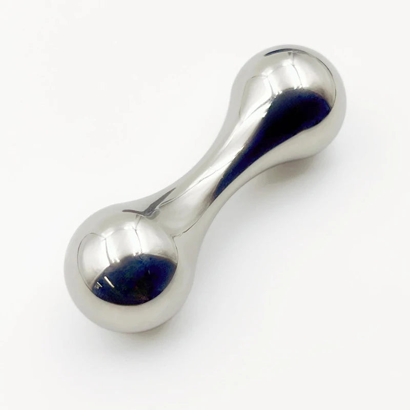 A sleek Stainless Steel Knucklebone Fidget Tool for Anxiety Relief and Focus Enhancement, shaped like a dumbbell with rounded ends, sits on a white background.