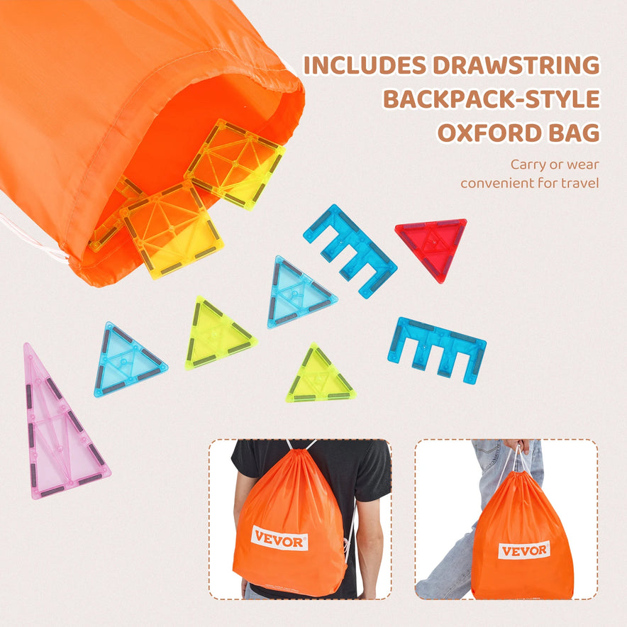 An image shows an orange drawstring backpack with geometric tiles, like triangles and rectangles, spilling out. Text reads: Includes drawstring Oxford bag. Carry or wear for convenient travel with your VEVOR 121PCS Magnetic Building Blocks Set.
