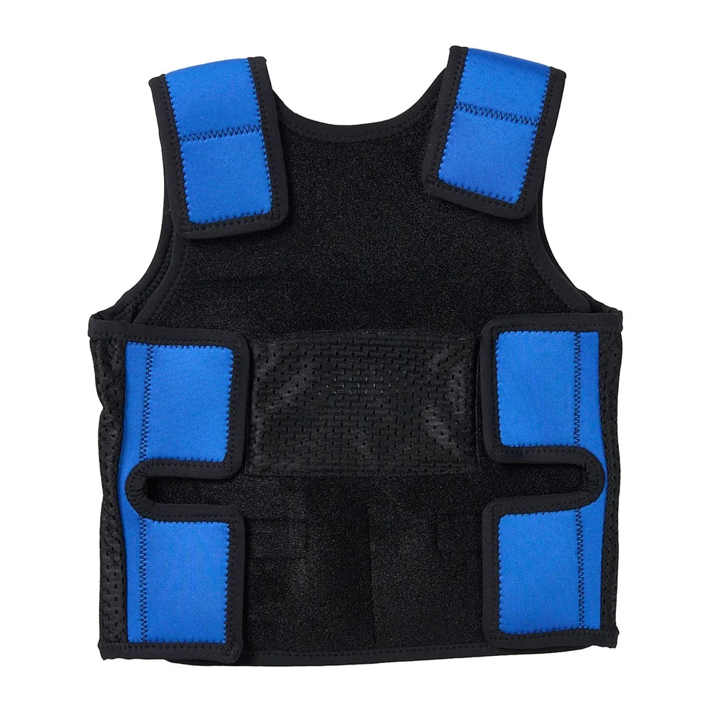 A kids breathable, adjustable weight vest in black with bright blue padded shoulders and waist straps. Perfect for strength training or added resistance, it offers emotional support through stress relief for boys and girls.