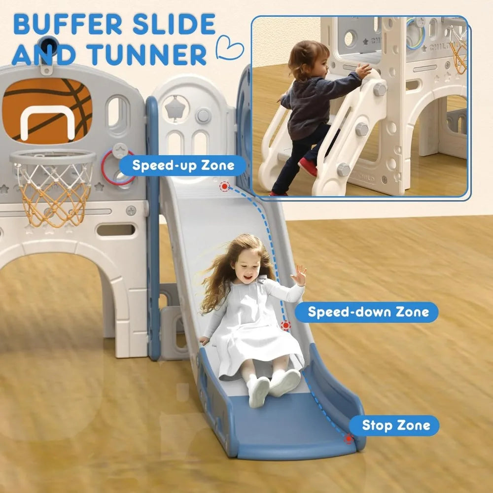 A young girl in a white dress slides down the gray 8 In 1 Toddler Slide Set With Basketball Hoop For Kids, featuring labeled zones: Speed-up Zone, Speed-down Zone, and Stop Zone. An inset shows a toddler climbing up the playset.