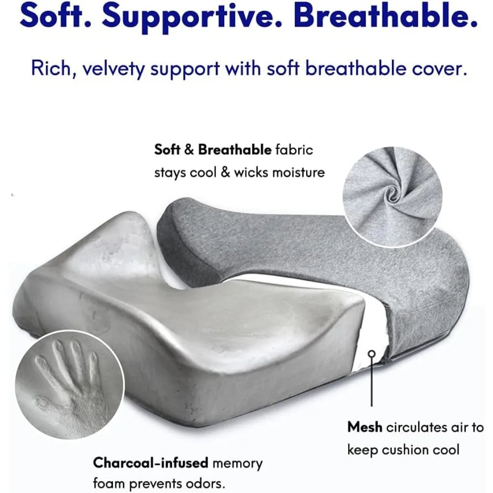 Image of a Cushion Lab Patented Pressure Relief Seat Cushion: features include a soft, breathable 100% cotton cover, charcoal-infused memory foam for odor prevention, and mesh for air circulation. Highlights hand imprint on foam and stitched fabric detail. Ideal for prolonged sitting on various seats.