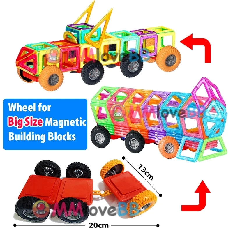 The Giant Magnetic Building Blocks Set for Kids lets children create vehicles with colorful blocks, wheels, and shapes to inspire STEM learning. A red arrow shows movement with measurements of 20cm and 13cm. Label: Wheel for Big Size Magnetic Building Blocks made from safe and durable material.