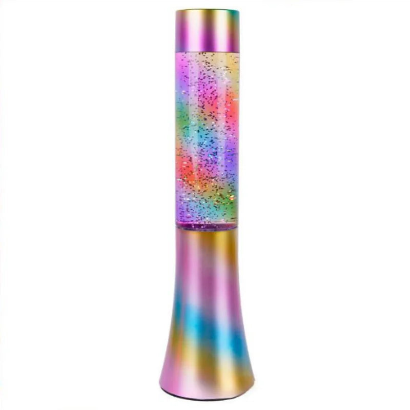 The Color-Changing LED Glitter Lava Lamp, a 13-inch tall novelty piece with a metallic base and rainbow colors, features a cylindrical design with glitter-filled liquid and LED sequins that create enchanting color-changing effects, perfect for parties and home decor.