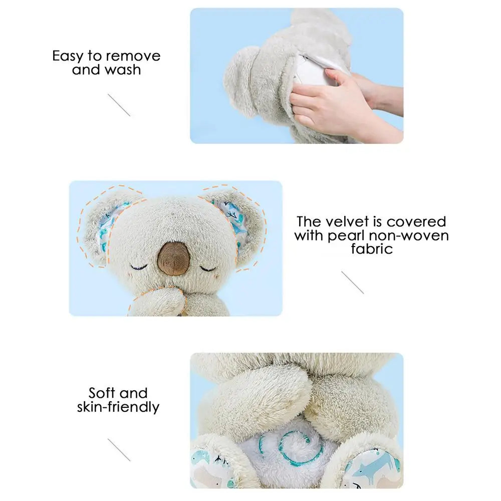 Three images of the Koala Night Light Plush Toy: Top shows hands removing the cover with Easy to remove and wash. Middle highlights ear details with Velvet covered with pearl non-woven fabric. Bottom features a hug image captioned, Soft, skin-friendly, and plays soothing melodies.