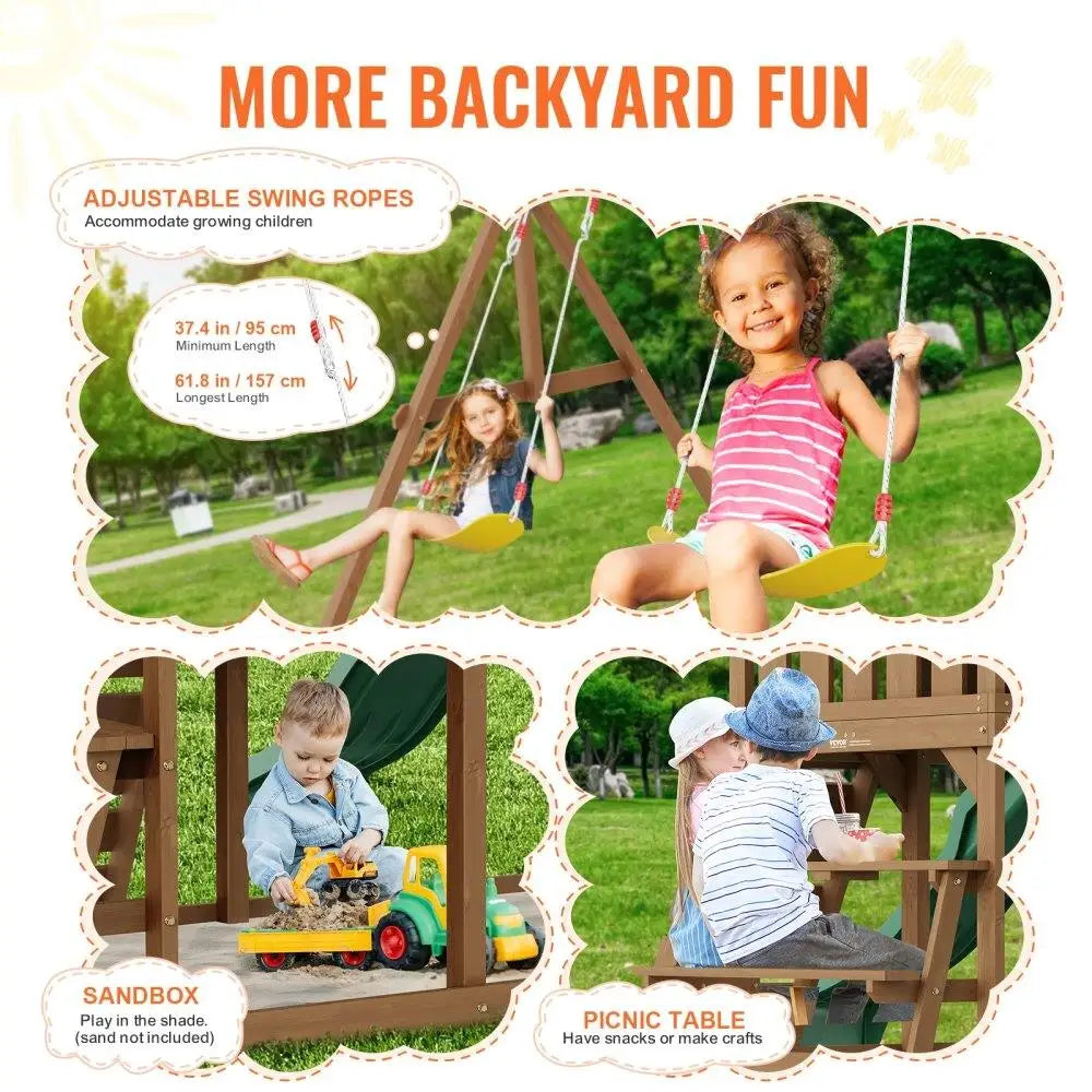 Kids enjoy the Wooden Swing Set 9 IN 1 Outdoor Playground: one swings with adjustable ropes, another digs in the sandbox, two sit at the picnic table for snacks or crafts. Features chemical-free assembly and a 6 FT slide with upper fort for extra fun.