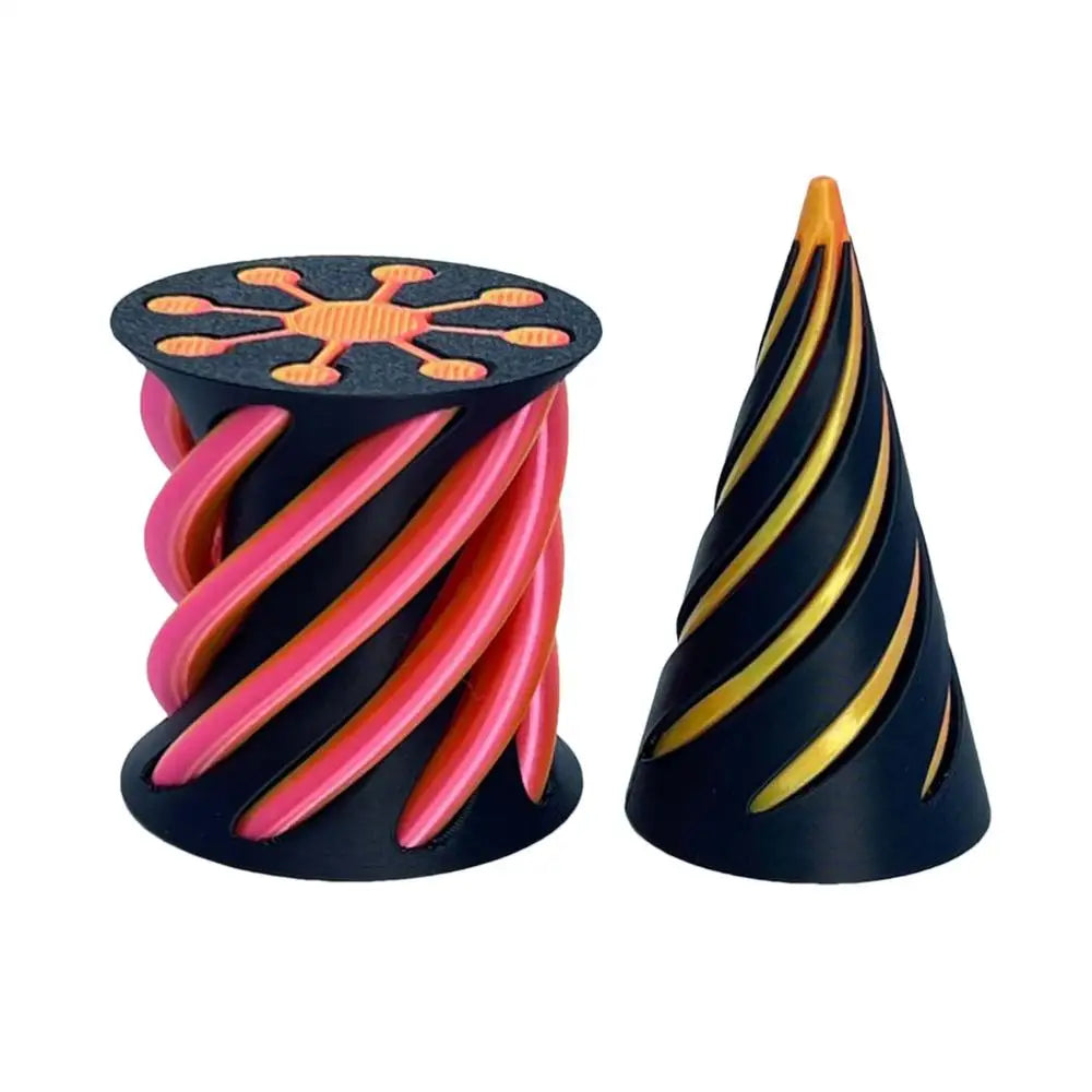 The Impossible Cone Sensory Fidget Toy is a red 3D-printed pyramid passthrough sculpture with intricate cutout designs—perfect as a stress relief desktop accessory or fun decor for kids.