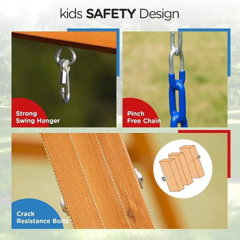 Infographic showing safety features of Wood Swing Sets for Backyard with Monkey Bar Playset: strong swing hanger, pinch-free blue chain, crack-resistant bolts, and a diagram with secure bolt placement on wooden beams.